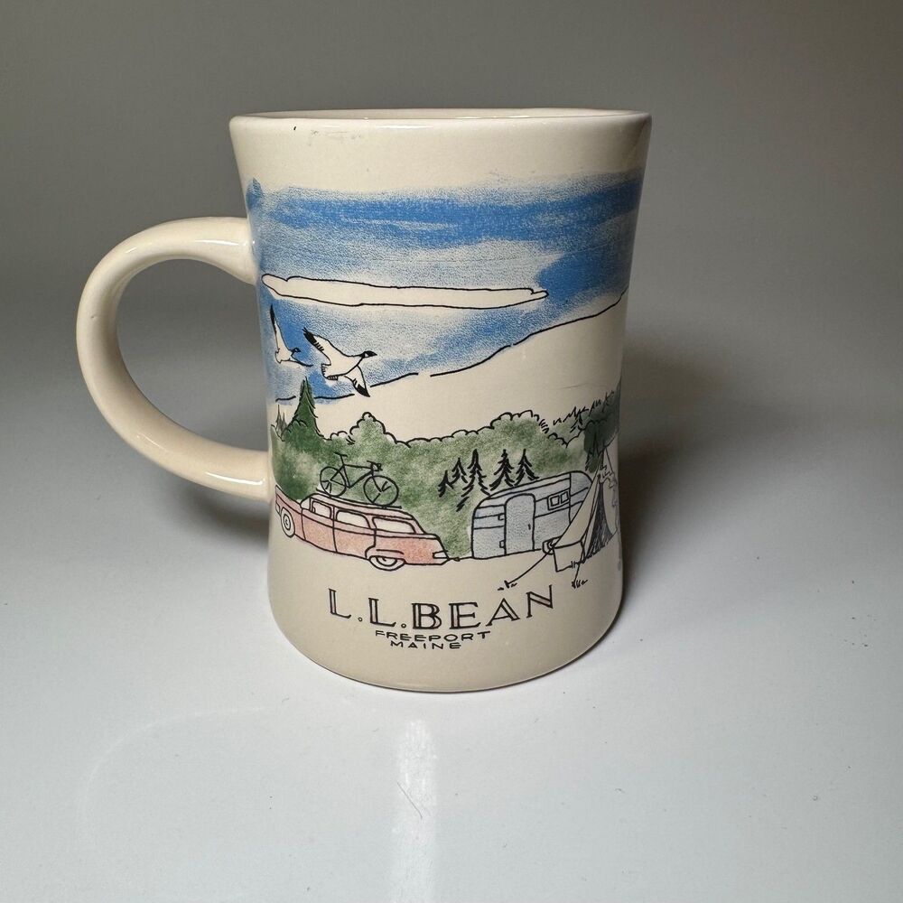 LL Bean Freeport Maine Outdoor Canoeing Camping Wildlife Illustrated Mug Cup VTG